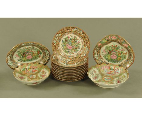 A collection of Cantonese plates and dishes.  Ten 21 cm plates and 4 dishes (various). CONDITION REPORT: Thirteen of the dish