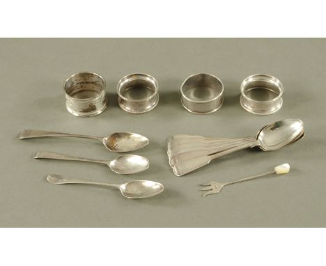 A set of six Victorian Newcastle silver teaspoons, 1853, maker Thomas Sewell, three odd spoons, pickle fork and four serviett