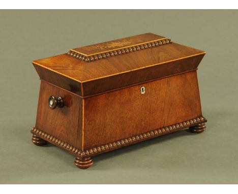 A William IV rosewood tea caddy, with pen work and marquetry top with wooden knob handle to either side and mother of pearl l