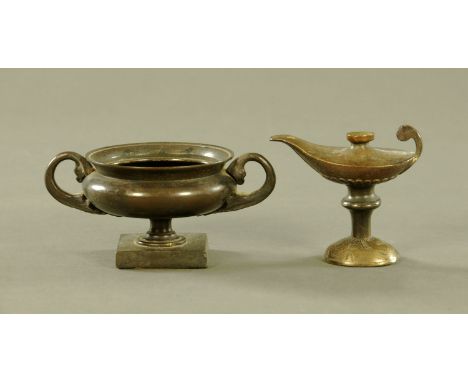 Two small 19th century bronze Grand Tour items, urn, diameter 8 cm and oil lamp, height 7 cm.