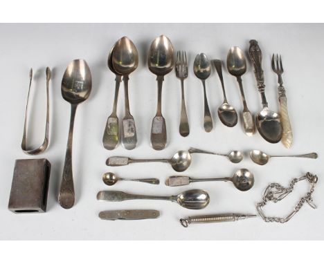 A group of silver cutlery, including an Old English Bright cut pattern tablespoon, London 1795 by George Burrows I, three Fid