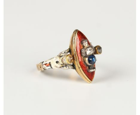 A gold, rose cut diamond, sapphire and enamel locket ring, possibly Austro-Hungarian, circa 1800, the hinged elliptical top m