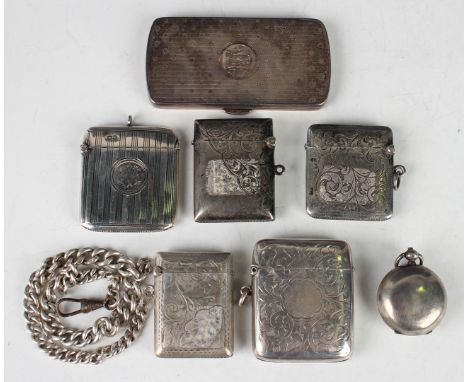A George V silver curved rectangular engine turned card case, Birmingham 1911 by William Neale, length 8.5cm, together with f
