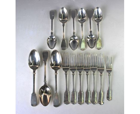 A George IV and later harlequin part canteen of silver Fiddle pattern cutlery, comprising three tablespoons, London 1830 by W