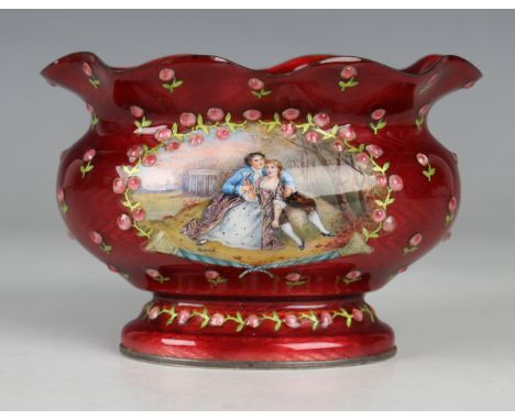 An early 20th century silver mounted Viennese enamel vase of oval form with wavy rim, painted with a scene of a courting coup