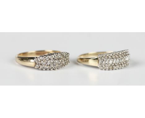 A 9ct gold ring, mounted with a row of baguette diamonds between rows of circular cut diamonds, ring size approx O1/2, and a 