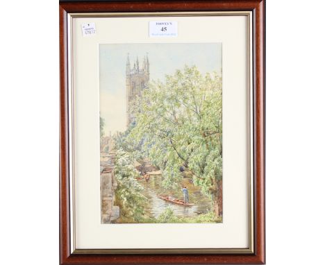 Beatrice Parsons - Punting in Oxford near Magdalen Tower, early 20th century watercolour, signed, 24.5cm x 16.5cm, within a s