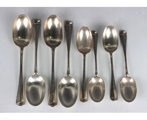 An Edwardian part canteen of silver Hanoverian Rat Tail pattern cutlery, comprising four tablespoons, six table forks, four d