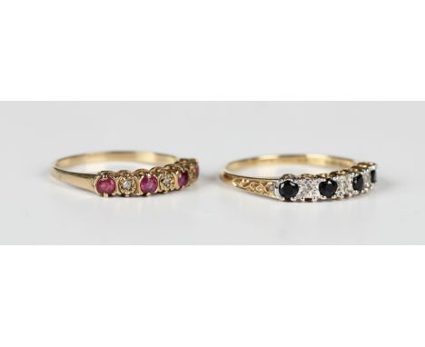 A 9ct gold, sapphire and diamond seven stone half eternity ring, detailed 'Dia', ring size approx R1/2, and a 9ct gold, ruby 