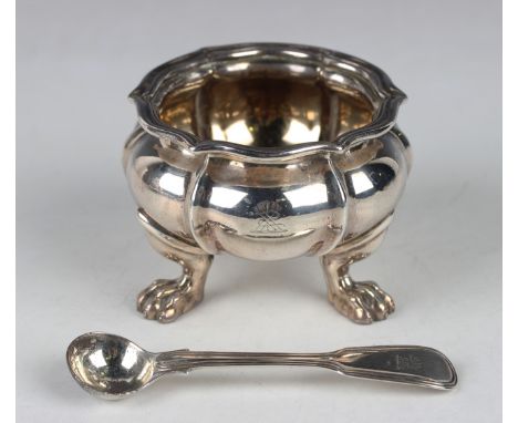 A George IV silver salt of circular lobed form with reeded rim, on paw feet, London 1829 by R. &amp; S. Garrard &amp; Co, hei
