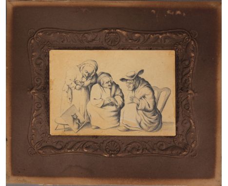 Continental School - Three Figures, one holding a Cat, inspecting a Portrait of a Cat, 19th century pencil, inscribed verso, 