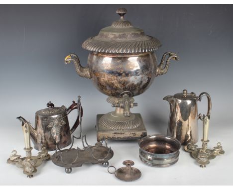A William IV Sheffield plate samovar with spiral reeded cover and finial above a similarly decorated body, flanked by two han