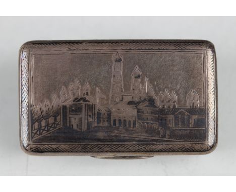 A 19th century Russian silver and niello rectangular snuff box, 84 zolotnik, the hinged lid and base decorated with differing