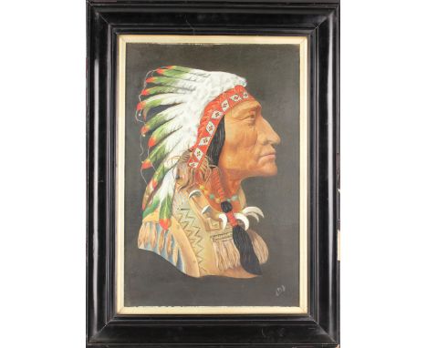 Circle of George Catlin - Portrait of a Native American Chief wearing a Feather and Beadwork Headdress, late 19th/early 20th 