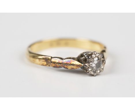 A gold and diamond single stone ring, mounted with circular cut diamonds, detailed '18ct', weight 3.1g, ring size approx N.Bu