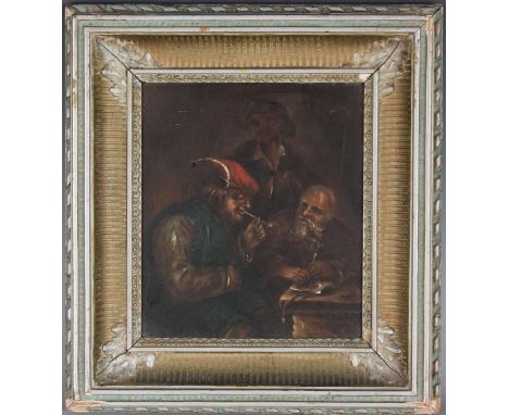 After David Teniers - Figures smoking Pipes in an Interior, 19th century oil on metal, 17cm x 14.5cm, within a painted compos