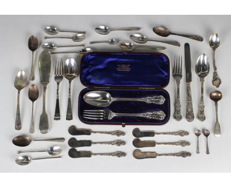 An early Victorian silver Queen's pattern knife, fork and spoon christening set, London 1840 by William Theobalds &amp; Rober