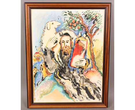 Zamy Steynovitz - A Jewish Man carrying a Sheep on his Shoulder, 20th century watercolour with acrylic and crayon, signed, 74