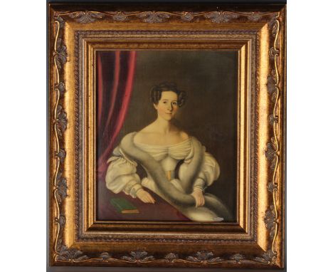 British School - Portrait of a Lady wearing a White Dress and Fur Stole, 20th century watercolour probably on ivorine, label 