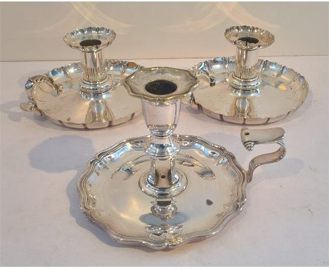 Pair Victorian Silver Plate Chamber stick Candle Holders + One other 