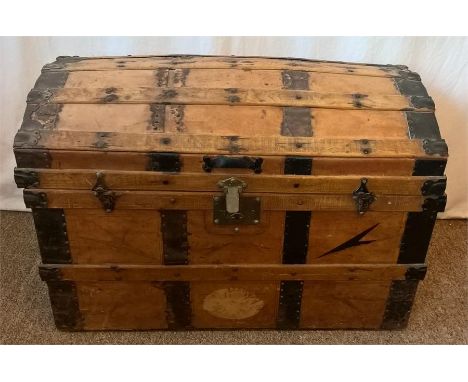 Antique Pitch Pine Ships Trunk, Iron Bound, Leather Carry Handles Either Side, 83cm Lx 56cm H x 49cm W 