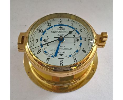 FCC Precision Quartz Brass Marine Time & Tide Clock. Heavy cast brass case. Fitted with rubber sealing ring stops moisture re