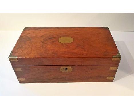 Large Victorian Brass Bound Mahogany Writing Box, Original Inkwell, some damage to leather on slope, Secret Internal Drawers 