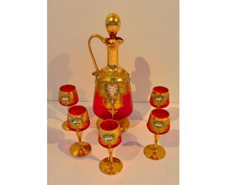 Victorian Ruby Glass Decanter + 5 Liquer Glasses Heavily Gilded