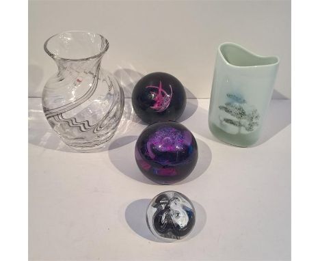 Three Caithness Glass Paperweights - Moon Crystal Black, Mistral, Bolero together with Caithness Flamenco Posy Flower Vase & 