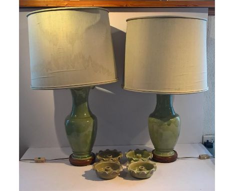 Pair Vintage Thai Celadon Table Lamps with Silk Shades together with 4 Thai Matching Candle Holders, One top of Lamp Slight C