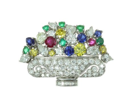 A YELLOW DIAMOND, WHITE DIAMOND, SAPPHIRE, EMERALD AND RUBY JARDINIERE BROOCH in platinum or white gold, designed as a jardin