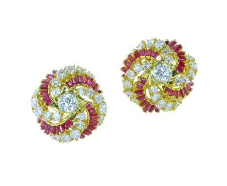 A PAIR OF VINTAGE DIAMOND AND RUBY EARRINGS, KUTCHINSKY CIRCA 1965 in 18ct yellow gold, each earring set at the centre with a