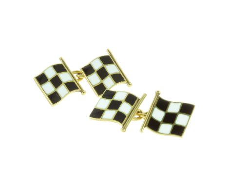 A PAIR OF ENAMEL RACING FLAG CUFFLINKS in yellow gold, each designed as two links in the form of racing flags, decorated with