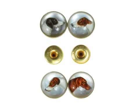 AN ANTIQUE ESSEX CRYSTAL DOG CUFFLINKS AND COLLAR STUD DRESS SET in high carat yellow gold comprising a pair of cufflinks, ea