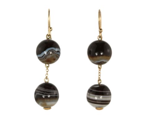 A PAIR OF BANDED AGATE BEAD EARRINGS each designed as two polished banded agate beads suspended, connected by a belcher link 