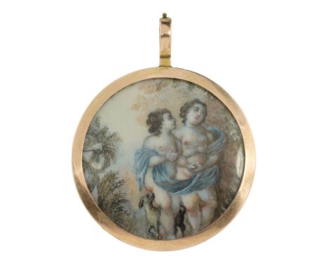 AN ANTIQUE PORTRAIT MINIATURE AND HAIRWORK MOURNING PENDANT in high carat yellow gold the large circular body set at the fron