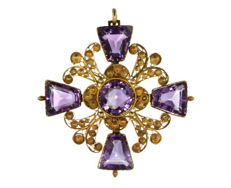 AN ANTIQUE AMETHYST PENDANT, 19TH CENTURY in high carat yellow gold, set at the centre with a round cut amethyst within quatr