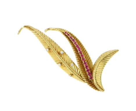 A VINTAGE RUBY AND DIAMOND FLORAL SPRAY BROOCH, 1961 in 18ct yellow gold, in the manner of Van Cleef &amp; Arpels, designed a