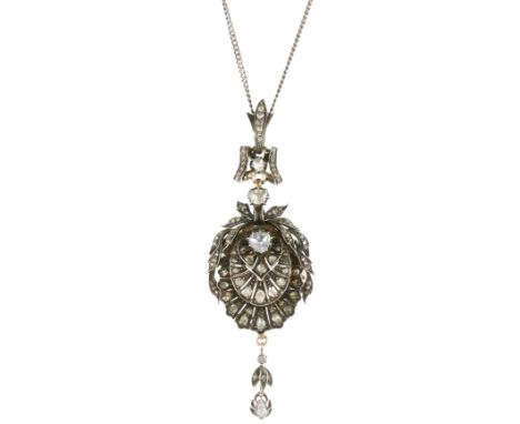 AN ANTIQUE DIAMOND PENDANT / BROOCH, FRENCH CIRCA 1860 in high carat yellow gold and silver, set with a large central rose cu