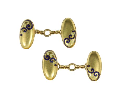A PAIR OF ANTIQUE ENAMEL CUFFLINKS, CARLO &amp; ARTHUR GIULIANO CIRCA 1880 in high carat yellow gold, each set with two elong