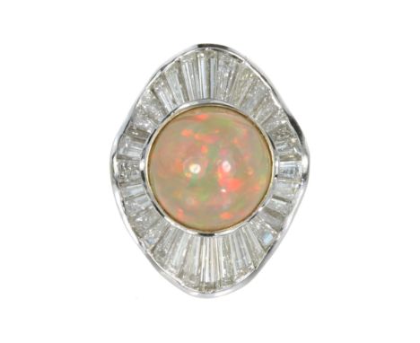 AN OPAL AND DIAMOND COCKTAIL RING in 18ct white gold, set with a central cabochon opal of 8.51 carats, encircled by an undula