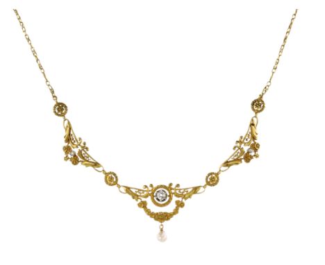 AN ANTIQUE ART NOUVEAU DIAMOND AND PEARL NECKLACE in high carat yellow gold, the central foliate scroll motif jewelled with a