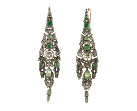 A PAIR OF ANTIQUE EMERALD AND DIAMOND EARRINGS, SPANISH CIRCA 1780 in silver, the articulated bodies decorated with pierced d