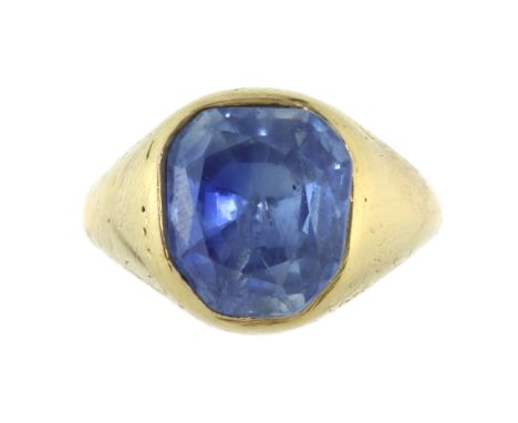 AN ANTIQUE CEYLON NO HEAT 10.21 CARAT BLUE SAPPHIRE RING CIRCA 1850 in high carat yellow gold, set with an old fancy cut blue