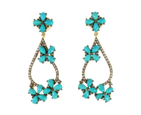 A PAIR OF TURQUOISE AND DIAMOND DROP EARRINGS in gold and silver, each designed as a teardrop set with rose cut diamonds, acc