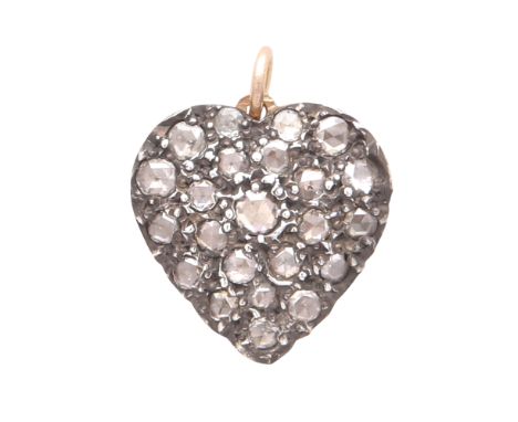 A DIAMOND HEART PENDANT in gold and silver, set with twenty three variously sized rose cut diamonds, unmarked, 1.6cm, 2.3g.