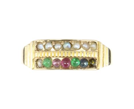 AN ANTIQUE JEWELLED 'DEAREST' RING in 18ct yellow gold set with a row of seed pearls alongside a faceted row of stones contai