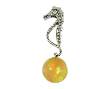 AN OPAL AND DIAMOND SEAHORSE PENDANT in 18ct white gold, designed as a seahorse, in profile, its body jewelled with round cut