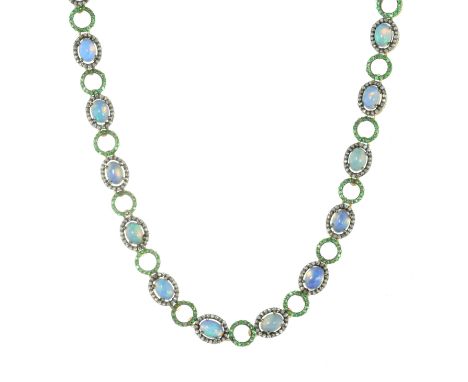 AN OPAL, TSAVORITE GARNET AND DIAMOND SAUTOIR NECKLACE comprising a single row of seventy-four circular links set alternately