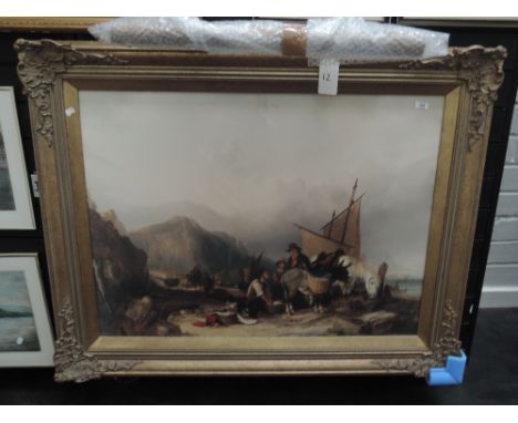 After William Shayer (1787-1879) a large polychrome print, coastal landscape with fishermen, within a large moulded gilt fram